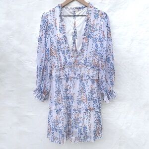 Blue, orange, white floral print ruffle v neck open back dress size large aug1